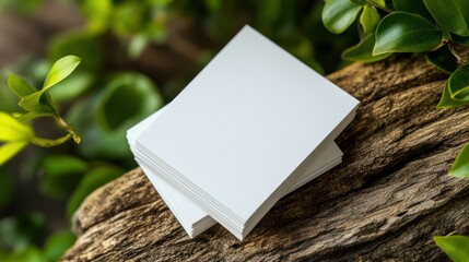 Photo of a stack of blank business cards on an old wooden branch, with green leaves and plants in the background.