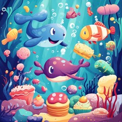 Fototapeta premium Cartoon sea life swimming amongst desserts underwater illustration