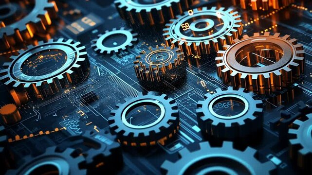 Complex metallic gears are rotating inside futuristic machine showing teamwork and collaboration, creating an intricate network of interconnected components