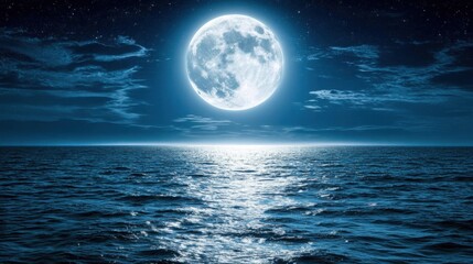 A breathtaking view of the full moon casting a shimmering silver path across the calm ocean, as gentle waves ripple under the moonlight