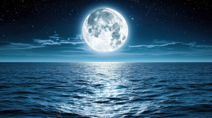 A breathtaking view of the full moon casting a shimmering silver path across the calm ocean, as gentle waves ripple under the moonlight