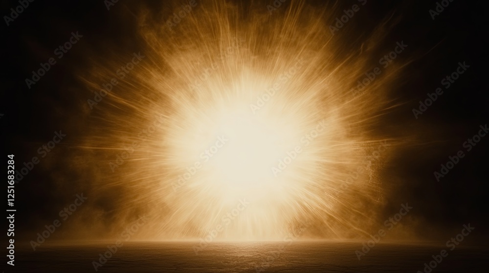 Poster exploding burst of golden energy radiating outwards from bright source of light and power.