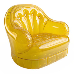 Close-up product photograph of a semi-transparent yellow inflatable armchair, isolated on a transparent background