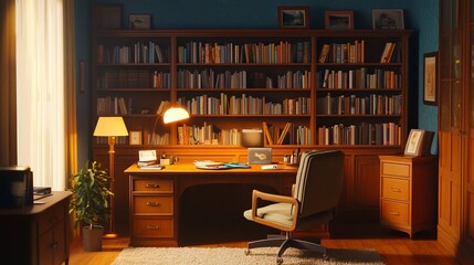 Serene Study Room: A Cozy Atmosphere of Books and Warm Light