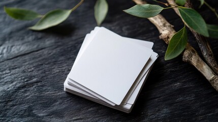 Photo of a stack of blank business cards on an organic black wooden surface, with green leaves and driftwood for decoration.