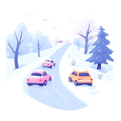 A serene winter landscape featuring colorful cars navigating a snowy road, surrounded by bare trees and a conifer. The soft pastel colors create a tranquil, picturesque scene.