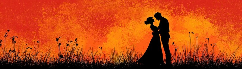 Couple kisses at sunset in field. Romantic silhouette
