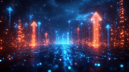Fototapeta premium Upward Growth Arrows Glowing Blue Background Business Success Financial Growth Concept