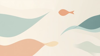 Minimalist art with abstract fish shapes in soft pastel colors Concept of simplicity and aquatic themes