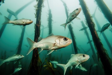 Underwater scene showcasing schools of fish swimming among submerged plants, creating a serene marine atmosphere.