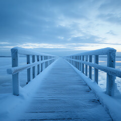 Fototapeta premium A serene winter scene showcasing a snow-covered pier extending into a tranquil body of water, under a cloudy blue sky. Perfect for evoking feelings of peace and solitude.