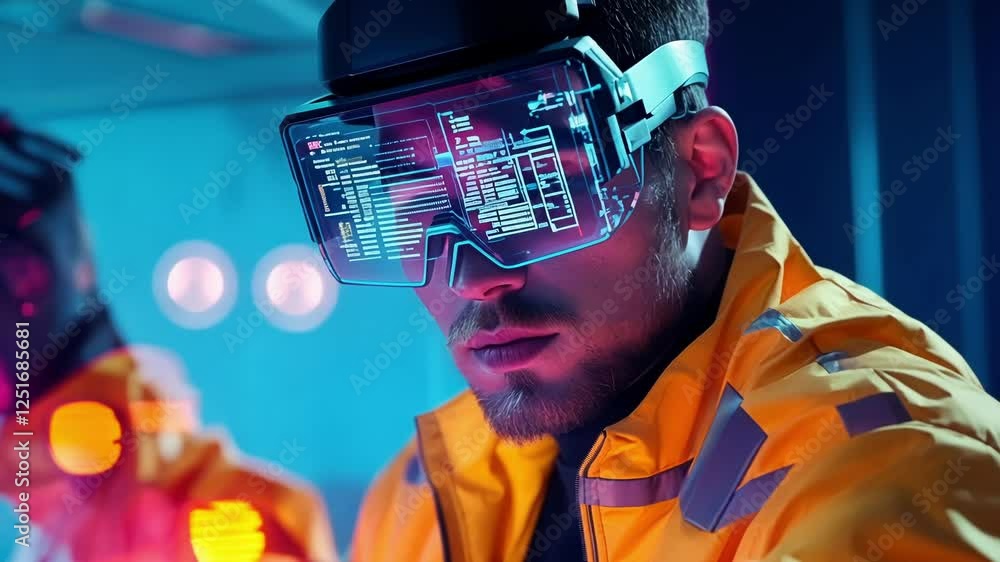 Poster industrial engineer wearing augmented reality glasses is working in a futuristic factory, interactin