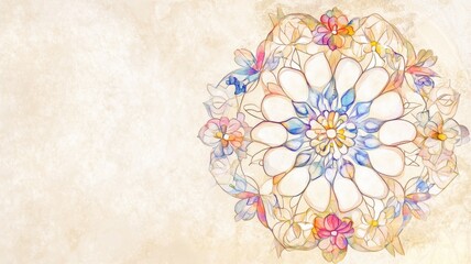 Intricate floral mandala design with soft pastel colors on beige background