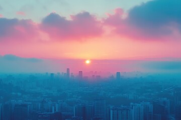 Cityscape bathed in pink and blue hues during sunrise
