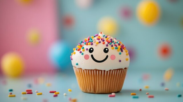 Cute cupcake with colorful icing and smiling face