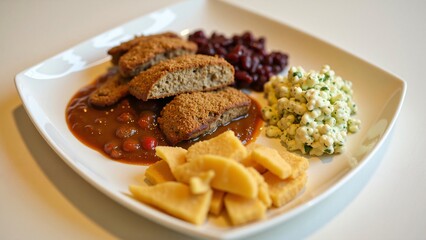 Hearty Vegetarian Meal Lentil Patties with Kidney Beans, Cottage Cheese, and Polenta