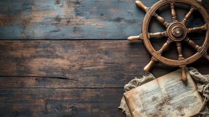 Vintage ship wheel and old book on wooden background