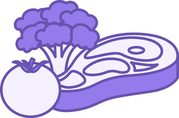 Colored Food Icon. Vector Drawing. Piece of Meat, Tomato, and Broccoli. Healthy and Organic Food. Vegetables. Meal Concept