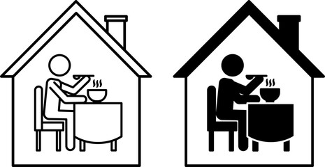 Eating House Icons. Black And White Vector Art. Man In Establishment Eating Hot Soup. Building, Table And Chair. Fast Food Establishment, Cafe. Restaurant Concept