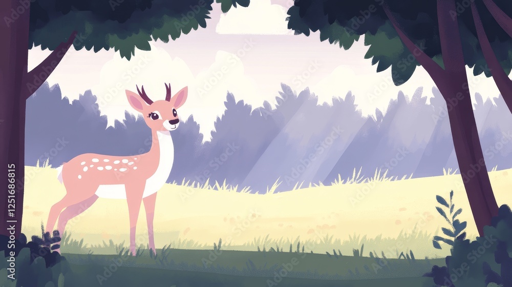 Poster fawn standing in a forest with trees and a field at sunrise with sky and fog background.