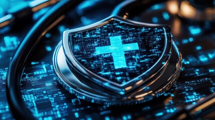 A digital shield with a medical cross symbol sits on a stethoscope