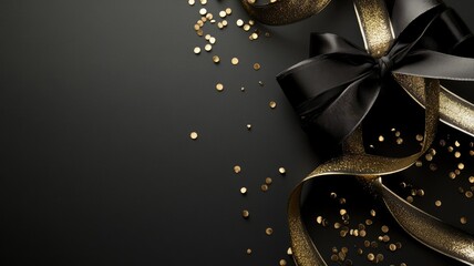 Obraz premium Elegant black and gold gift box with ribbon sparkles