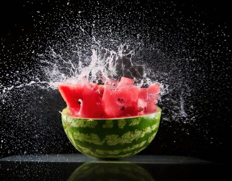 Watermelon explosion creates a refreshing splatter of juice and fruit pieces