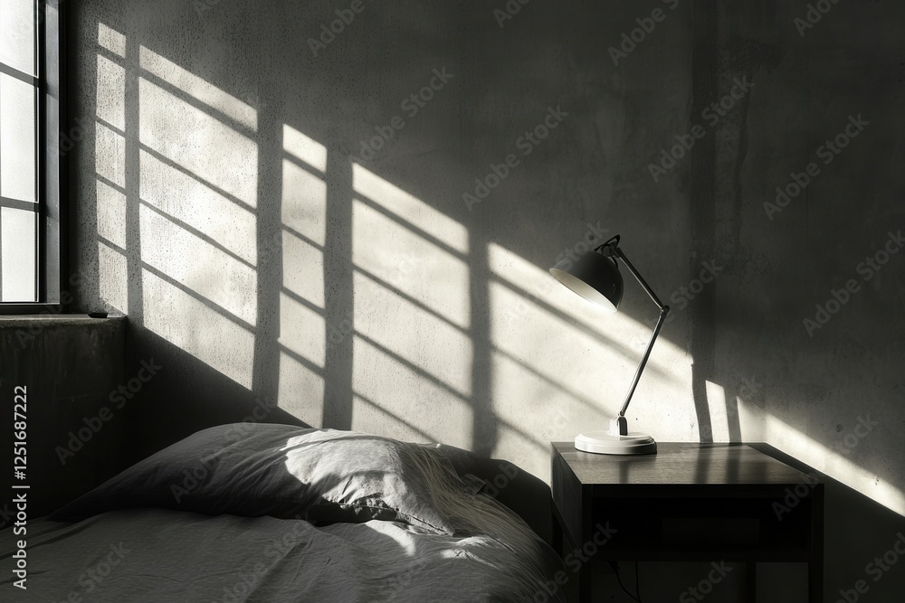 Poster sleek bedroom corner with small bed and minimalist table under natural daylight creating soft textur