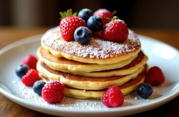 Delicious pancakes with berries on plate on the table for breakfast