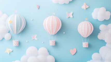 Pastel hot air balloons with clouds and hearts on blue background