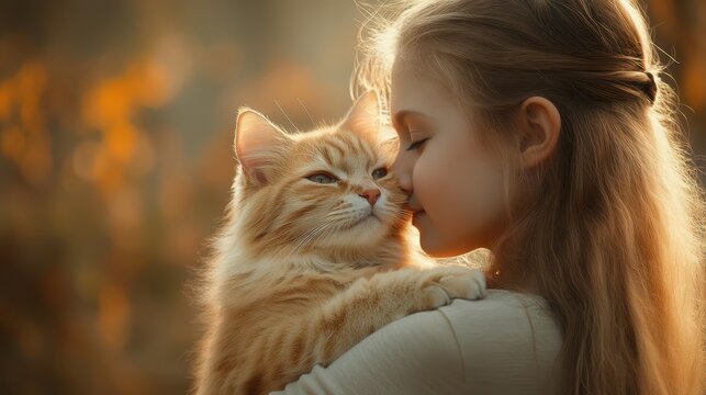 Girl kissing ginger cat with autumn leaves in background