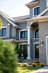 Obraz premium Luxury Home Exterior: Modern Gray House with Stone Accents and Elegant Landscaping