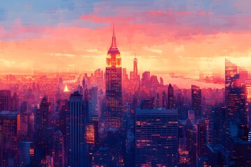 Naklejka premium Stunning Cityscape with Vibrant Sunset Sky and Iconic Skyscrapers at Dusk