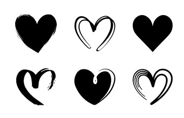 Silhouette black love heart icons collection. Handrawn different types of Valentine’s Day hearts for t-shirts, icons, posters, mugs, and stickers