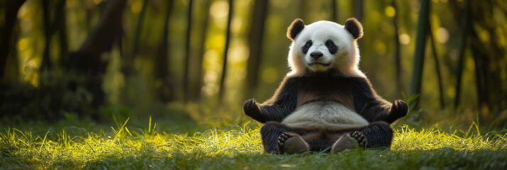 Cute panda meditating in a sunlit bamboo forest at sunset