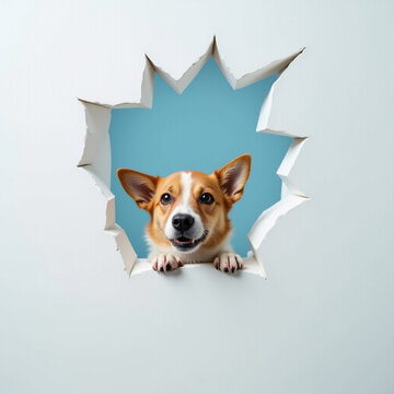 dog peeking through a broken hole in a wall, generative AI