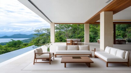 Modern Outdoor Living Space with White Sofas, Wooden Furniture, and Scenic Nature View at Daytime