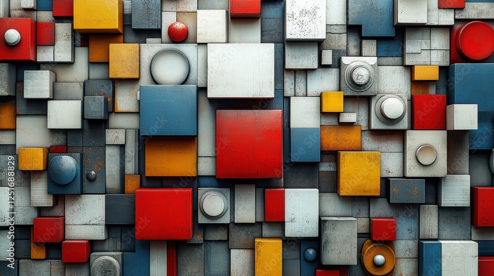 Poster abstract arrangement of colorful geometric shapes and patterns.
