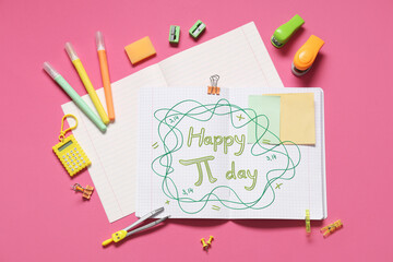 Blank notebooks with different stationery supplies on pink background