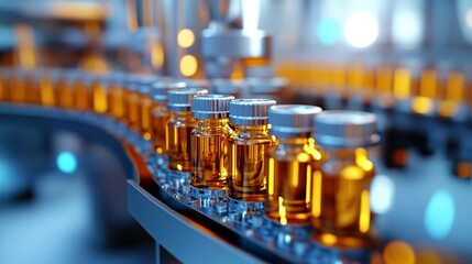 Production Line for Glass Bottles in Modern Factory with Orange Glow and Machinery