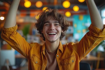 Young Muslim Man Celebrating Success in Modern Office with Laptop and Victory Gesture