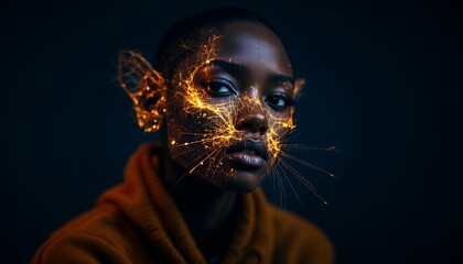 Obraz premium Woman with Sparkling Light Pattern on Face Creates Fantasy Image