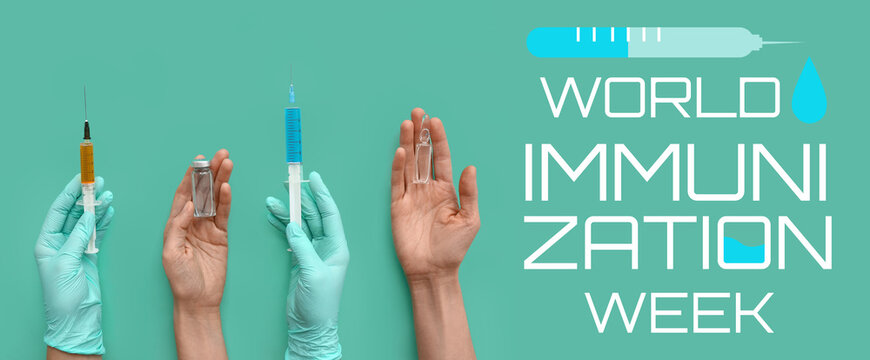 Hands in gloves holding syringes and ampoules on turquoise background