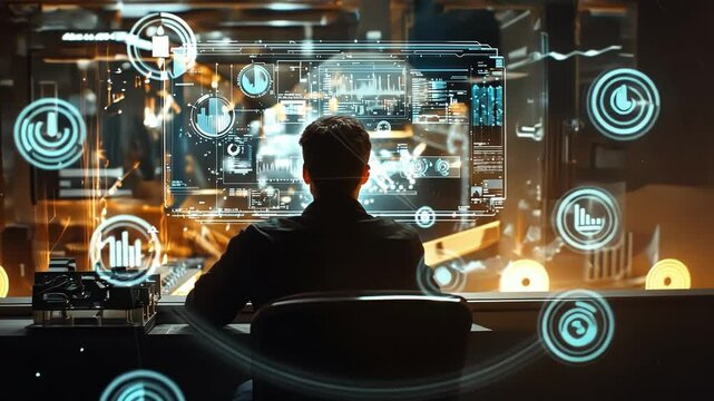 Industrial engineer is using a futuristic transparent display to monitor and control automated production processes in a high tech factory, optimizing workflow and ensuring efficiency