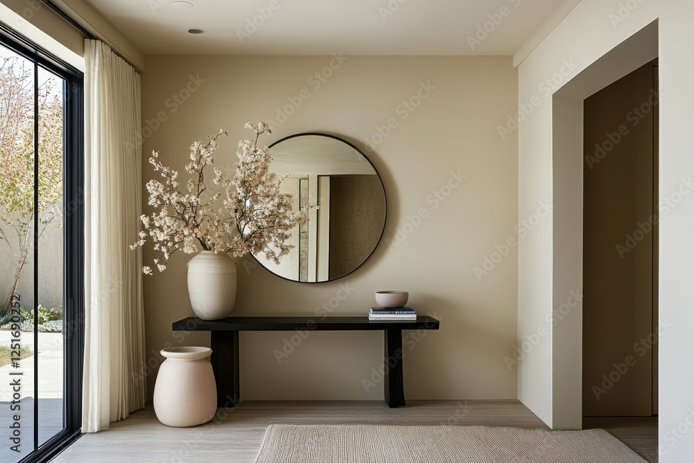 Aufkleber elegant entryway featuring a sleek console table with a round mirror, soft natural light and neutral