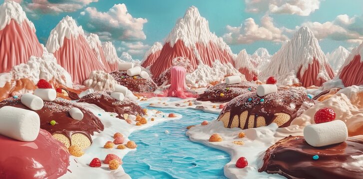 A whimsical landscape made of candies and dessert items