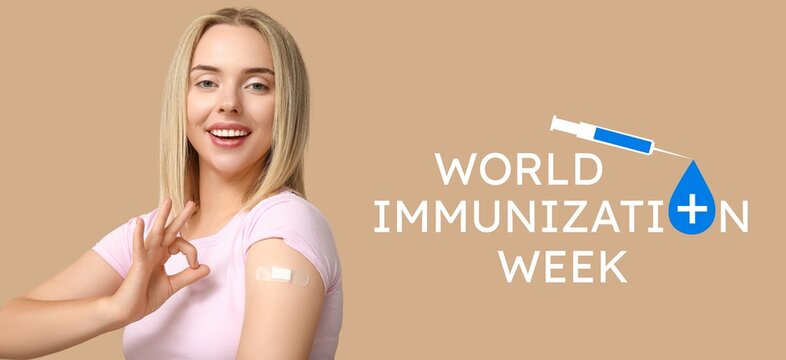 Young woman with medical patch on arm showing OK against beige background. World Immunization Week
