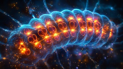 Glowing cell undergoing mitosis with highlighted chromosomes aligning at the metaphase plate and spindle fibers radiating light