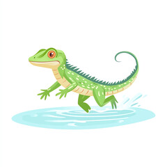 Fototapeta premium A vibrant cartoon-style illustration of a green lizard playfully running across the surface of a glistening pond, capturing the essence of nature and wildlife in a fun, animated ma