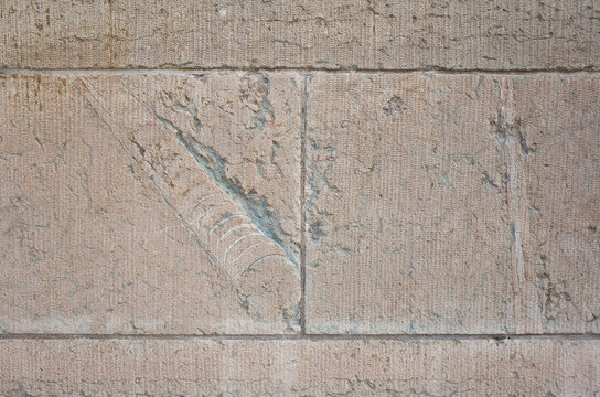 Fossil pattern on limestone wall, Prehistoric mollusk Endoceras extinct genus of straight shelled cephalopods (Ordovician era 470 to 443 million years ago), Shell of ancient petrified invertebrate